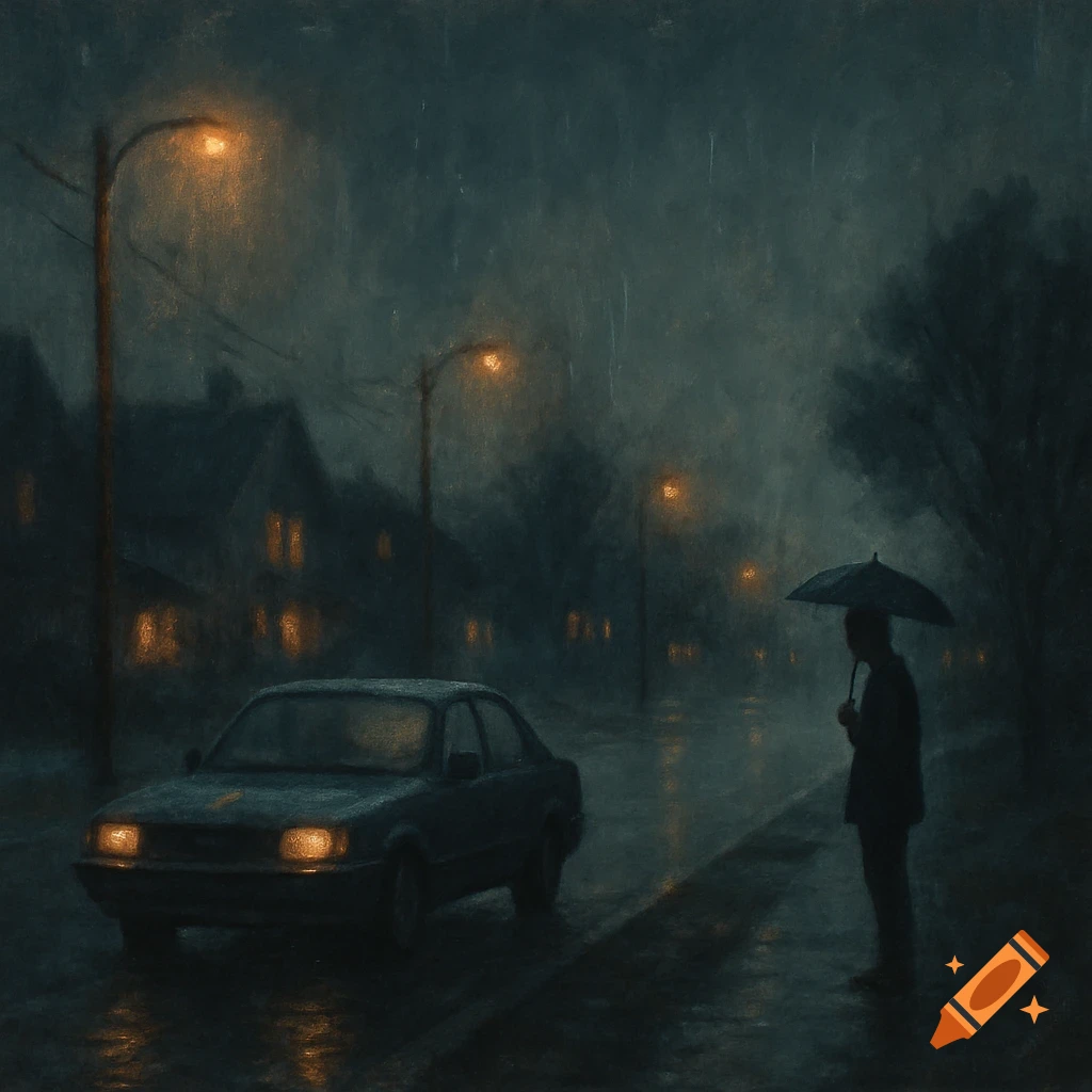 A rainy night street scene painting with a parked car and a lone figure under an umbrella near street lamps and houses.