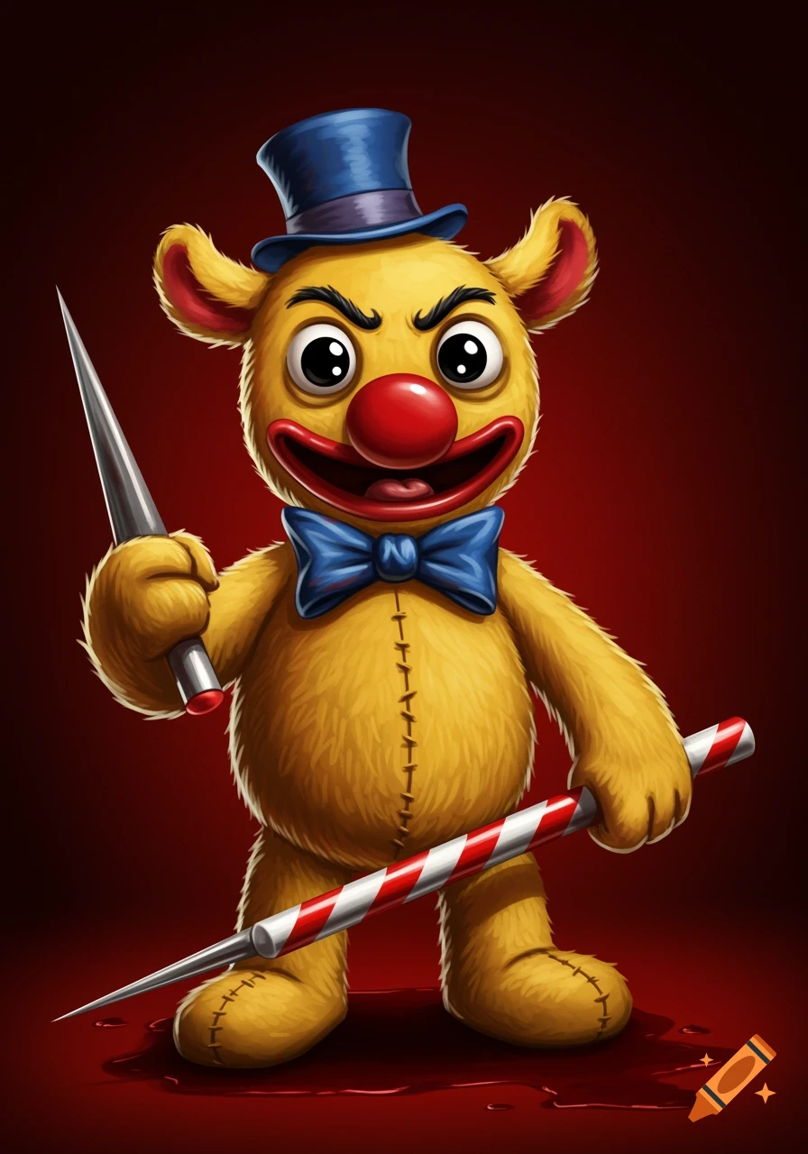 A creepy yellow bear-like stuffed animal wearing clown makeup and a blue top hat holds a large needle and a sharp candy cane, standing in blood.