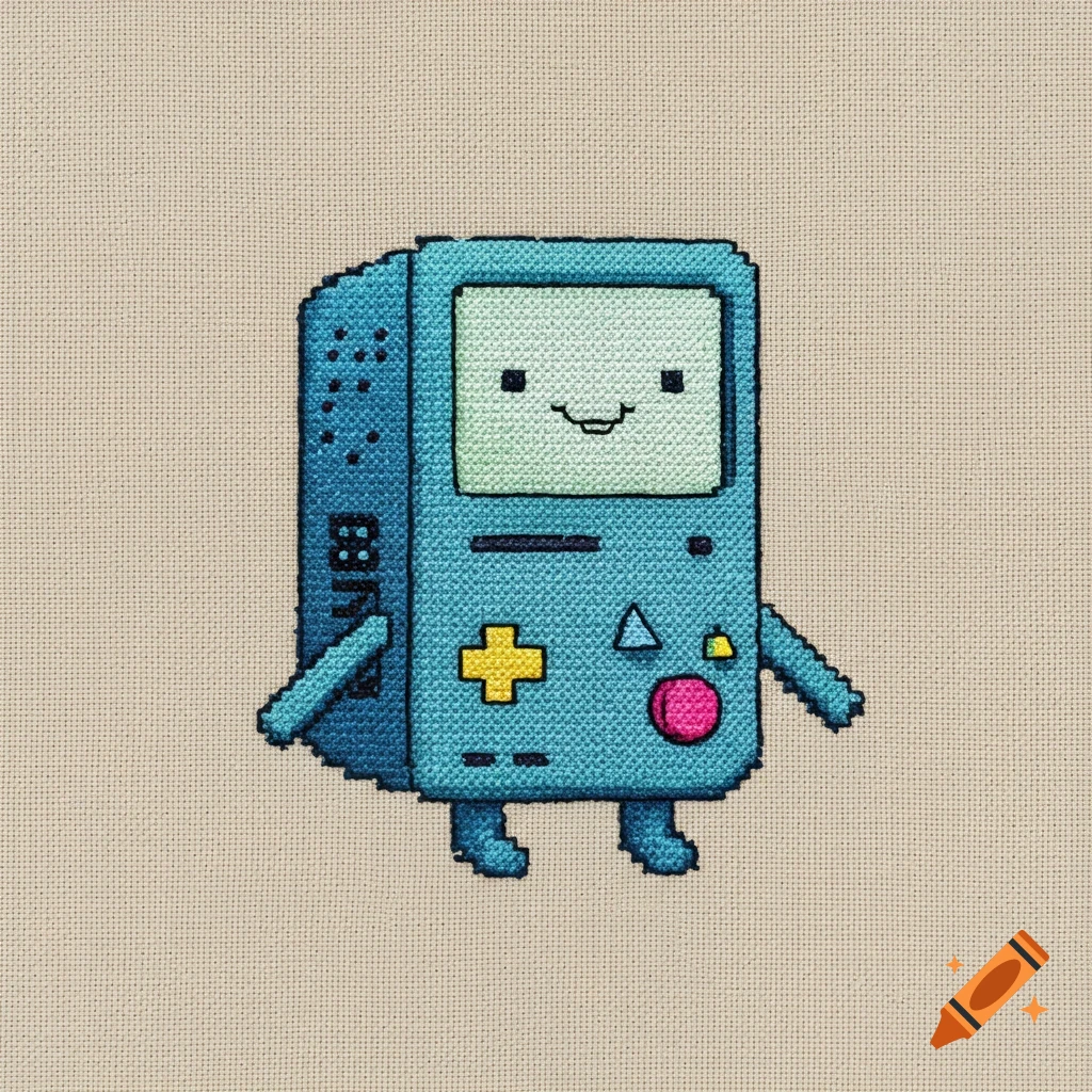 Cross stitch illustration of the cartoon character BMO