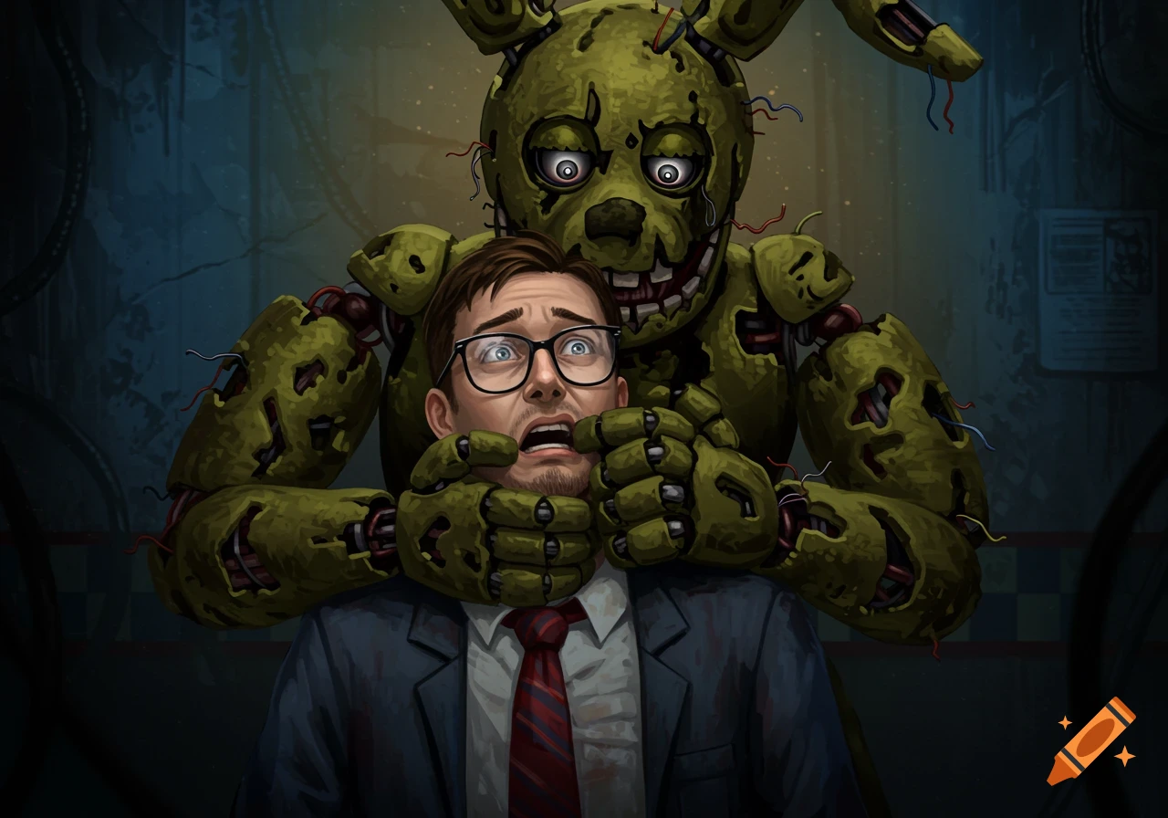 A scared man in glasses is choked by the green animatronic Springtrap in a digital illustration.