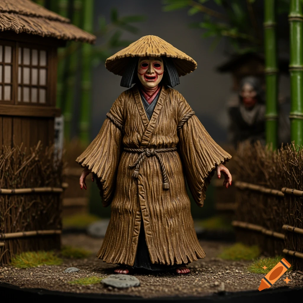 Miniature model of a creepy masked figure in a straw coat standing in a Japanese garden