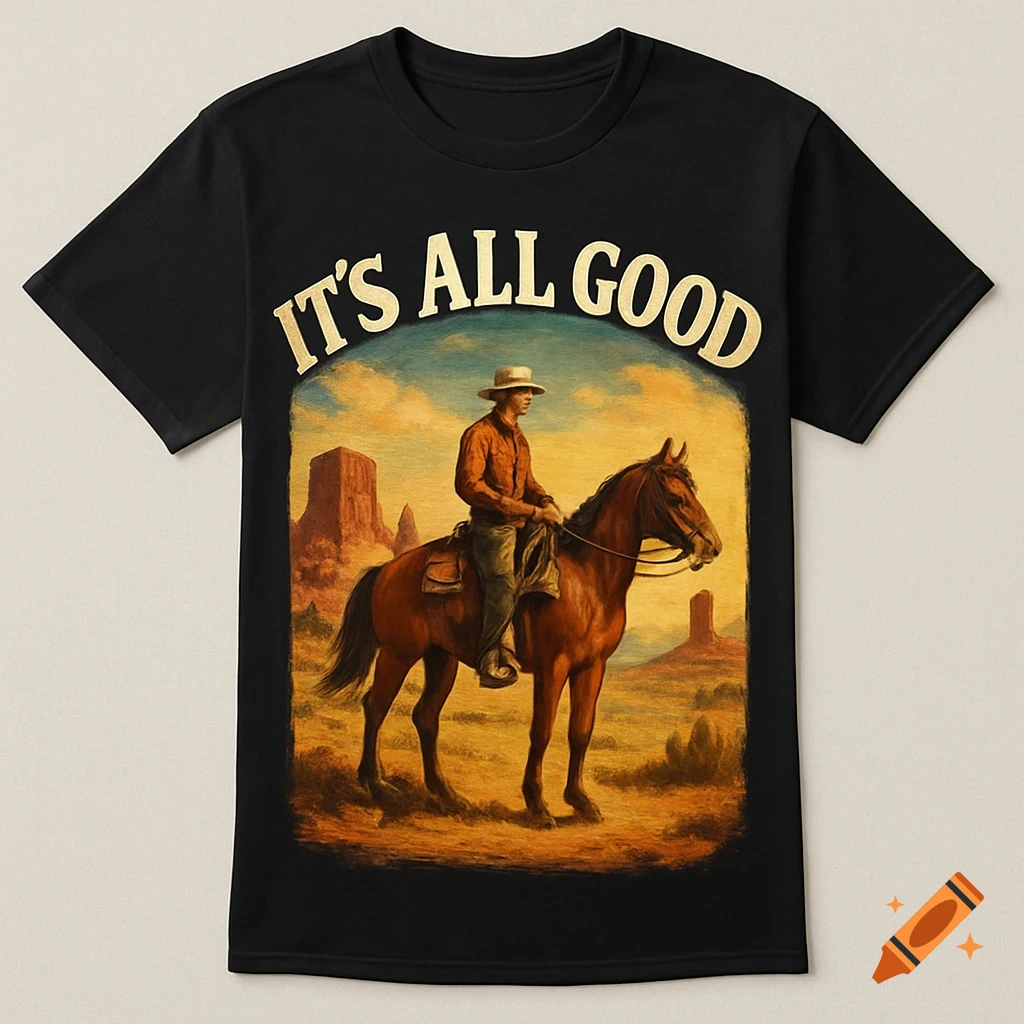 Black t-shirt with an image of a cowboy on a horse in a western landscape and the text 'IT'S ALL GOOD'