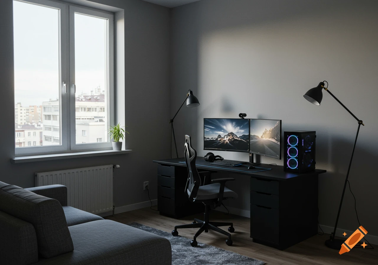 A modern room with a black gaming desk, two monitors displaying mountain wallpapers, an ergonomic chair, and a grey sofa near a large window with a city view.