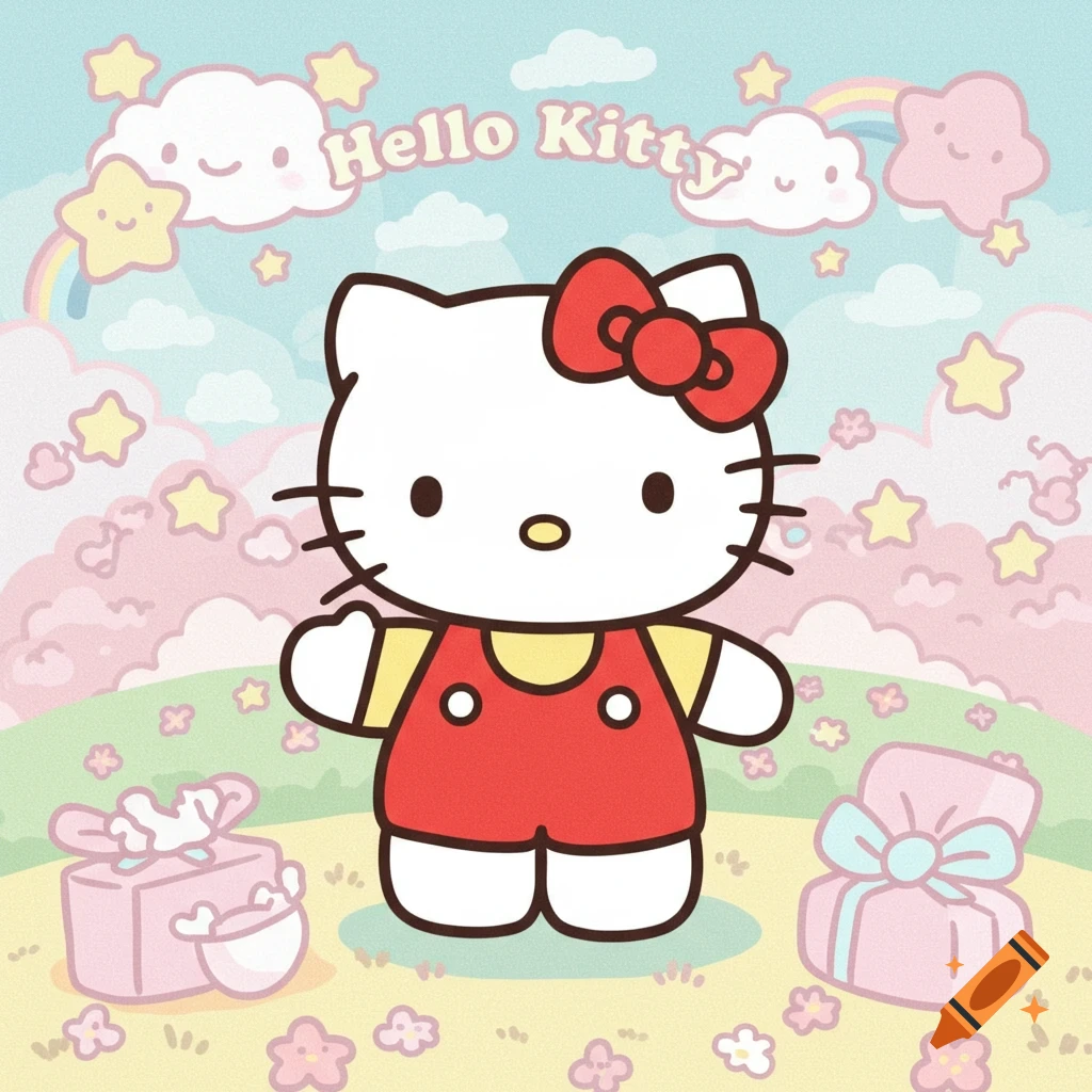 Cartoon Hello Kitty in a field with presents, stars, and clouds