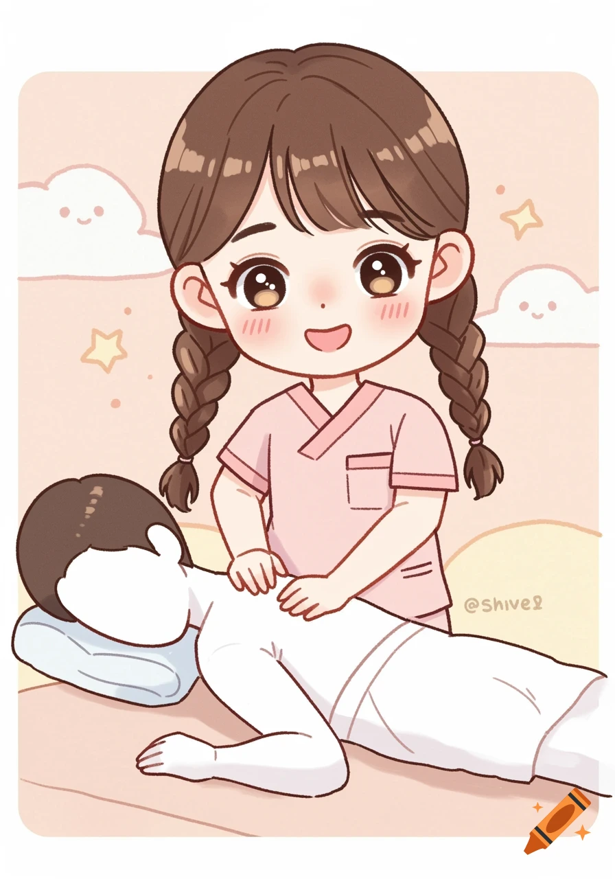 Cartoon illustration of a cute girl giving a back massage