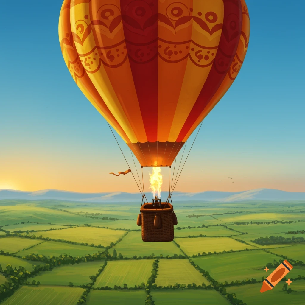 Hot air balloon over green fields at sunset