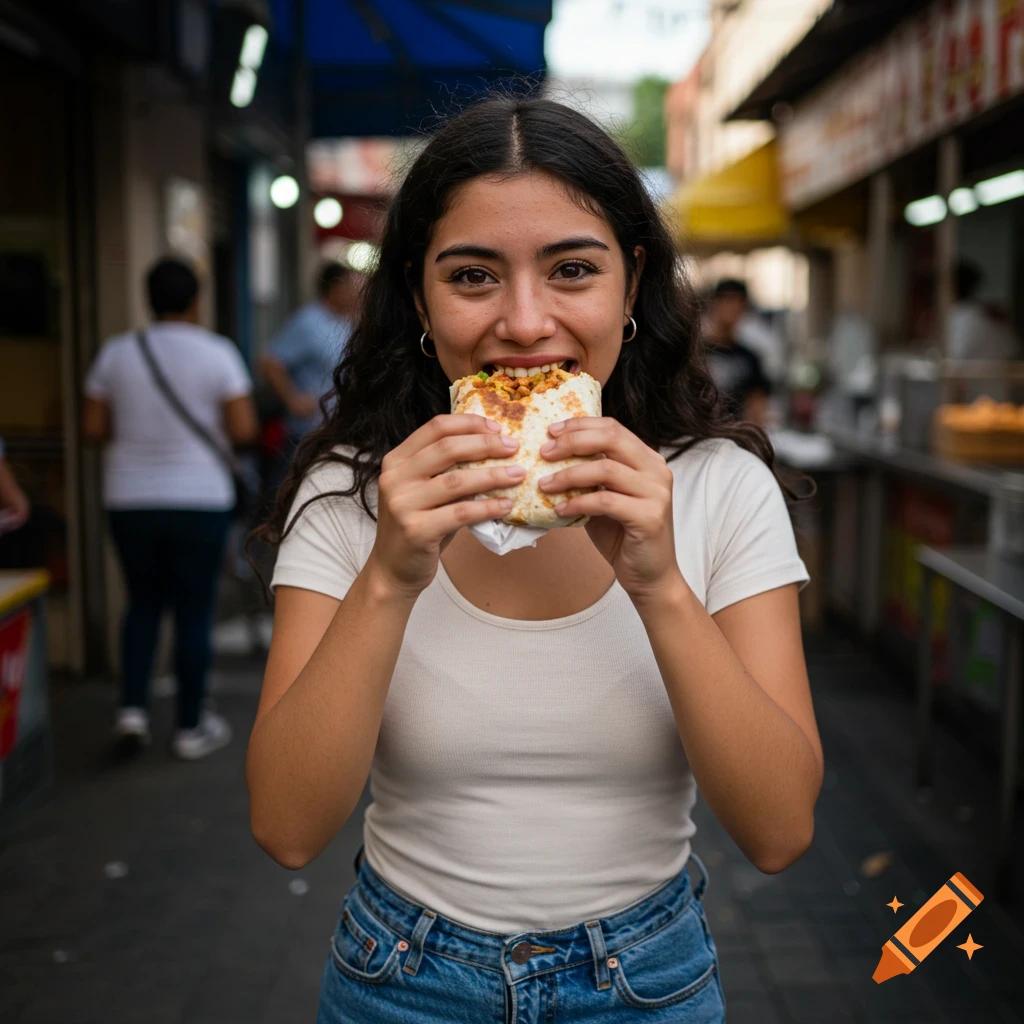 Young woman smiling and eating a burrito on a street.