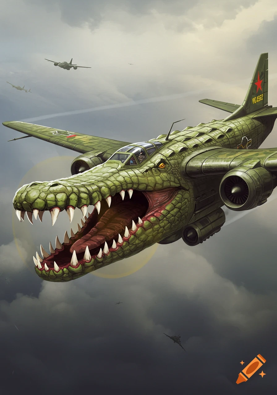 An illustration of a green bomber plane designed like a crocodile with its mouth open, flying through clouds with other planes.