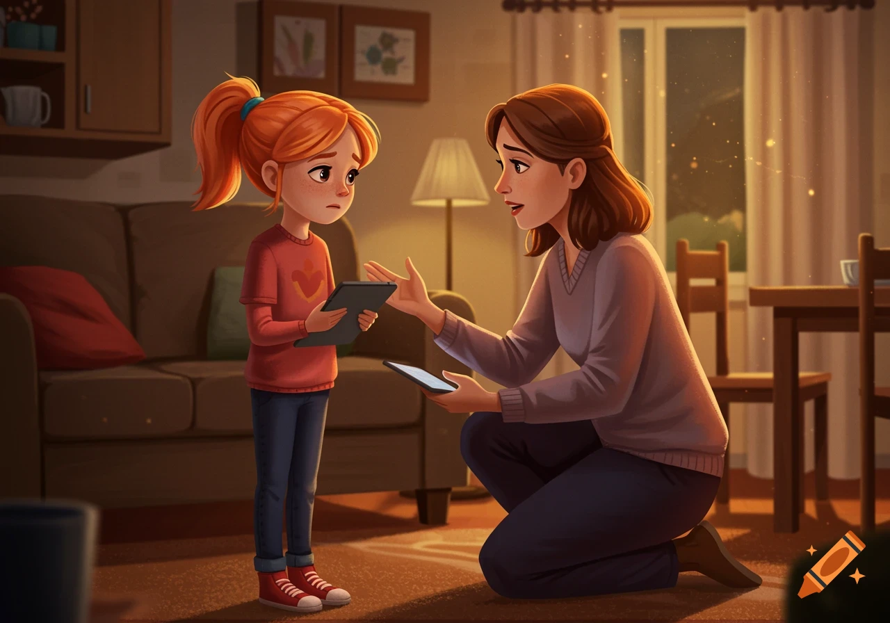 Storybook-style illustration of a mother kneeling to comfort her daughter holding a tablet in a cozy living room.