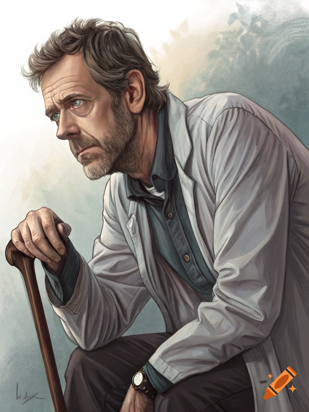 Illustration of Dr. House sitting and leaning on his cane.