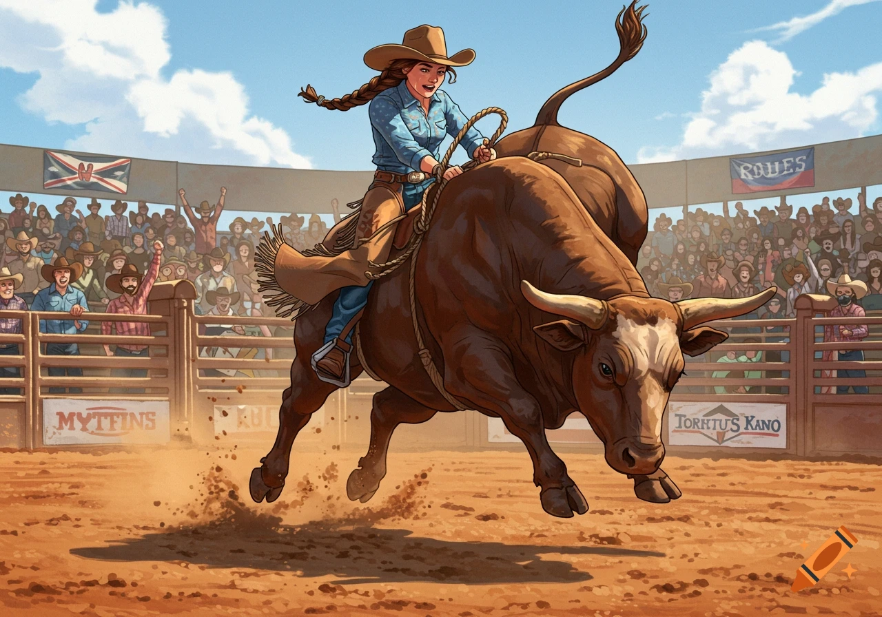 Illustrated scene of a cowgirl riding a bucking bull in a rodeo arena with a crowd watching.