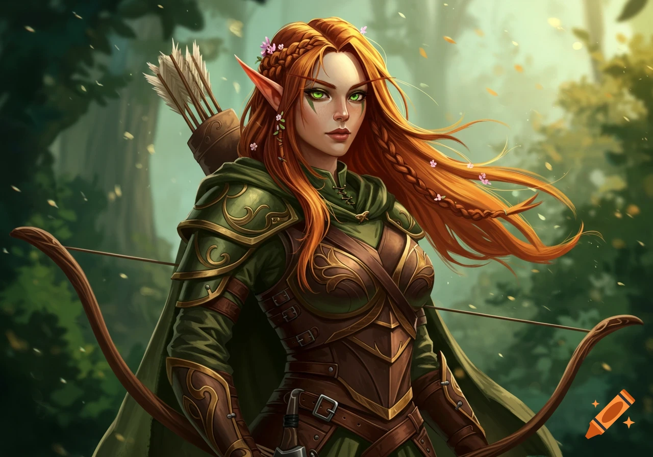 An elf ranger with red hair and green armor holds a bow in a forest.