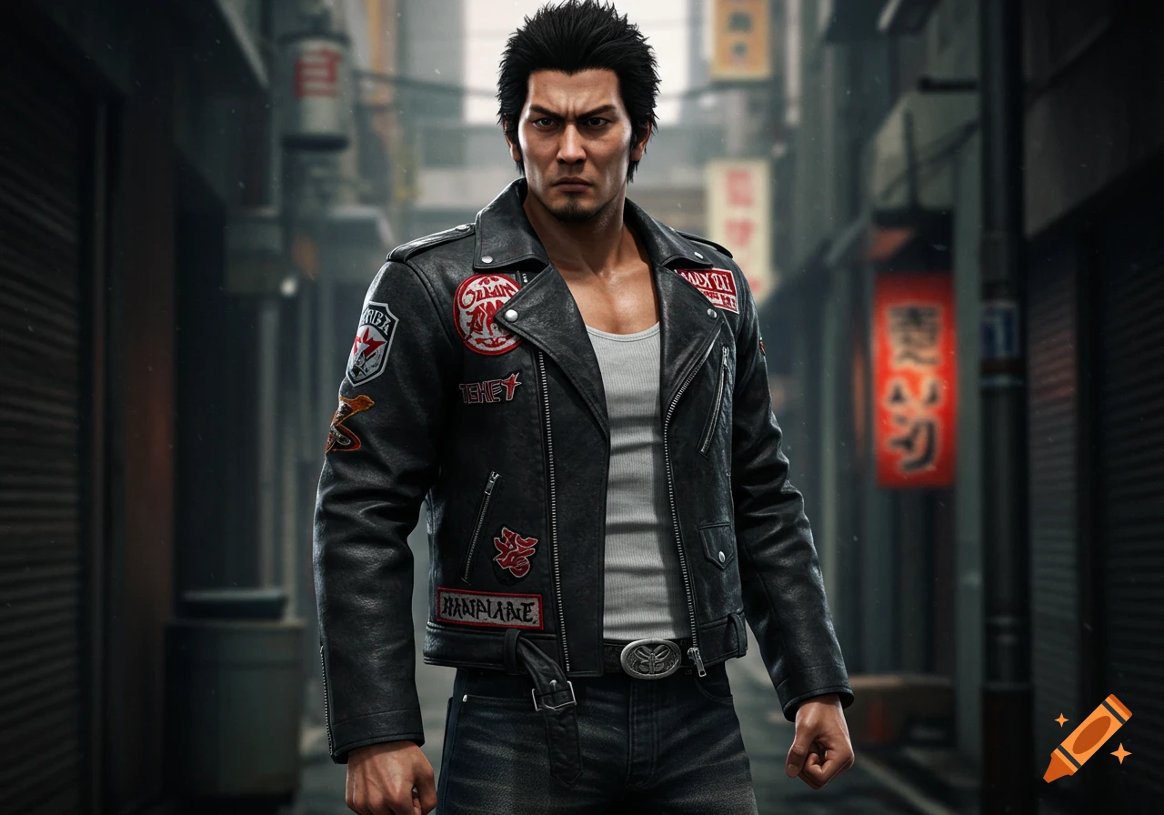 Man in a black leather jacket stands in a rainy street.