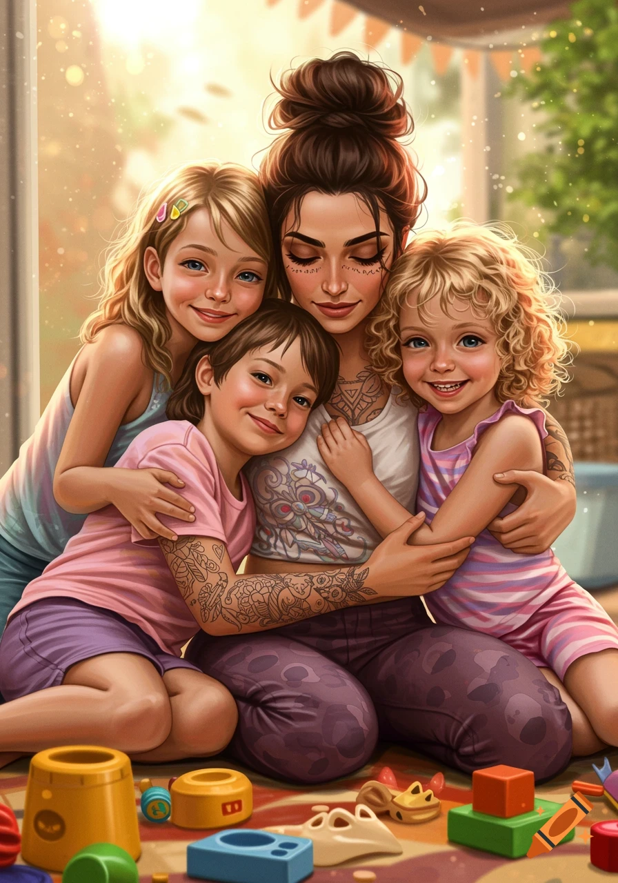 Digital illustration of a mother hugging her three children on the floor surrounded by toys.