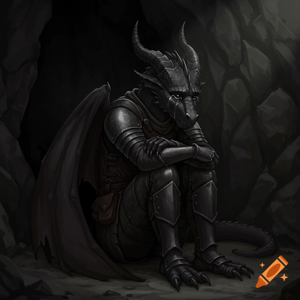 A sad black dragonborn in armor sits in a dark cave, tears on its face. Digital art.