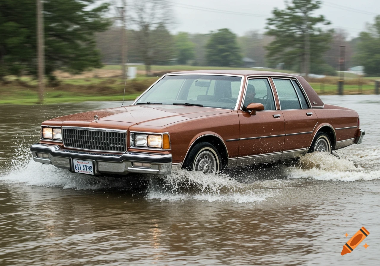 Brown vintage sedan drives through floodwater, creating splashes.