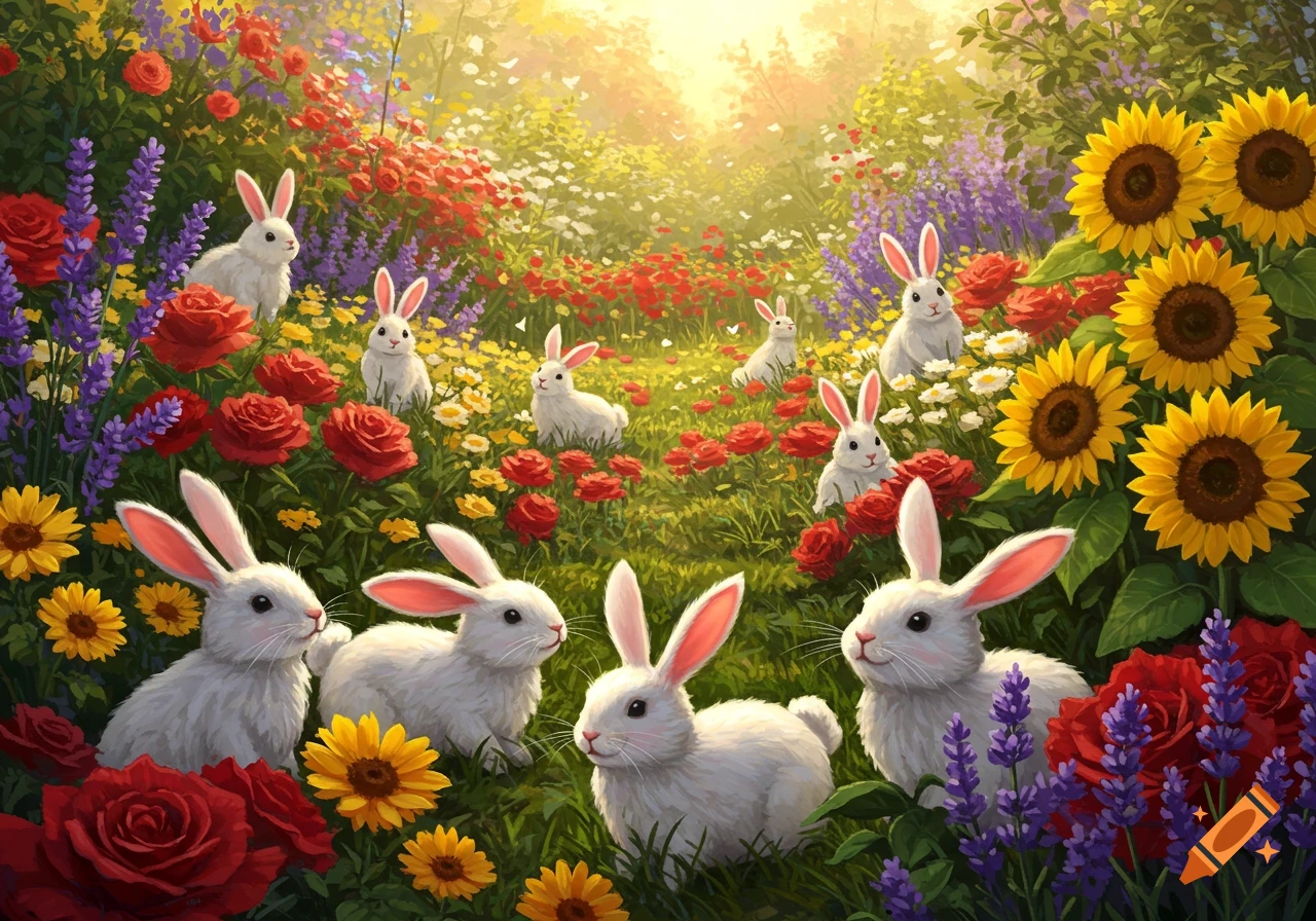 White rabbits among red roses, sunflowers, and lavender in a sunny garden