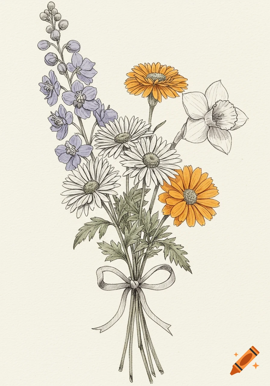 Botanical sketch of a bouquet of flowers tied with a bow.