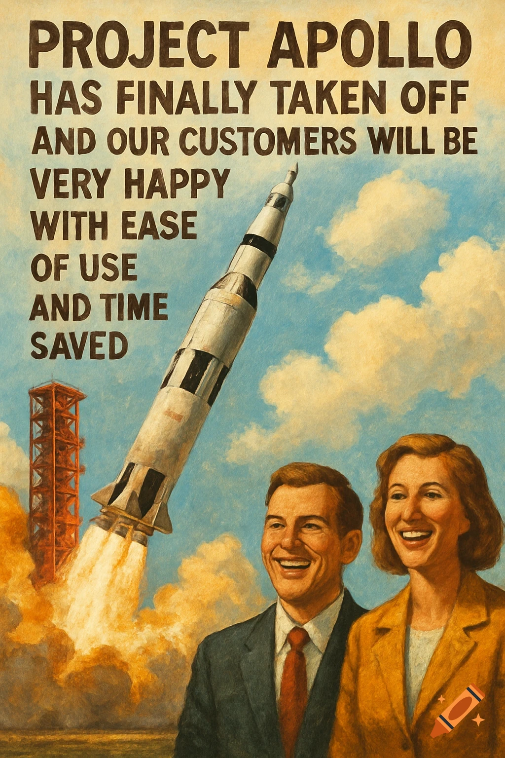 Retro poster of a rocket launching with two smiling people