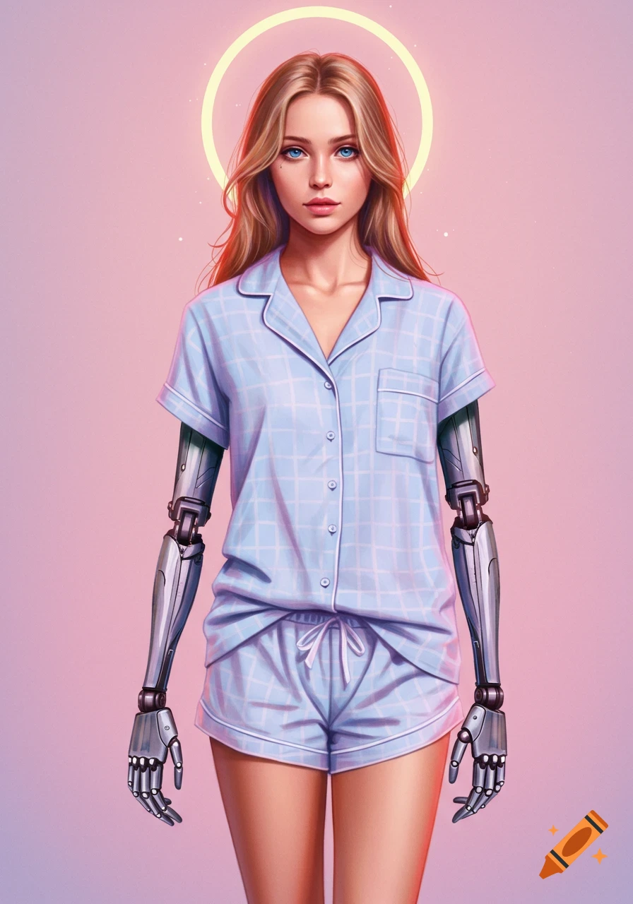 Digital art portrait of a woman with blonde hair, blue eyes, and robotic arms and legs, wearing blue checkered pajamas.