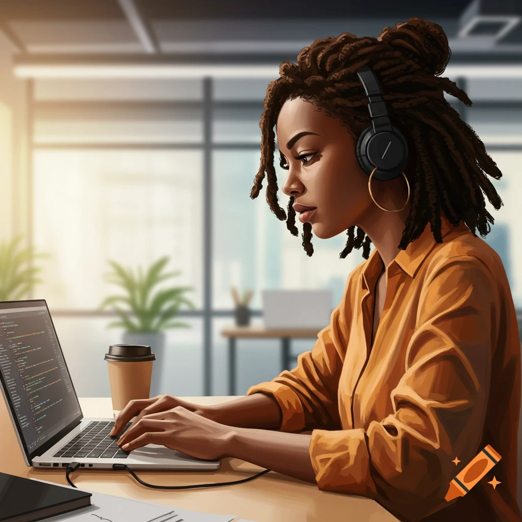 Illustration of a black woman with dreadlocks and headphones coding on a laptop in an office.