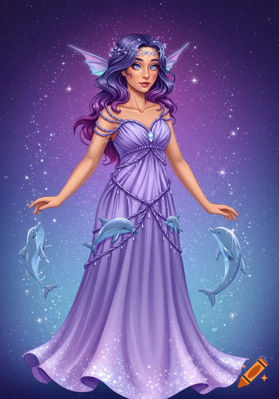 A fantasy woman with purple hair and fairy wings wears a flowing purple dress adorned with swimming dolphins against a starry cosmic background.