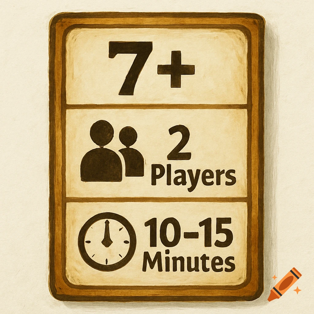 Board game label with icons for 7+, 2 Players, 10-15 Minutes in a painterly style.