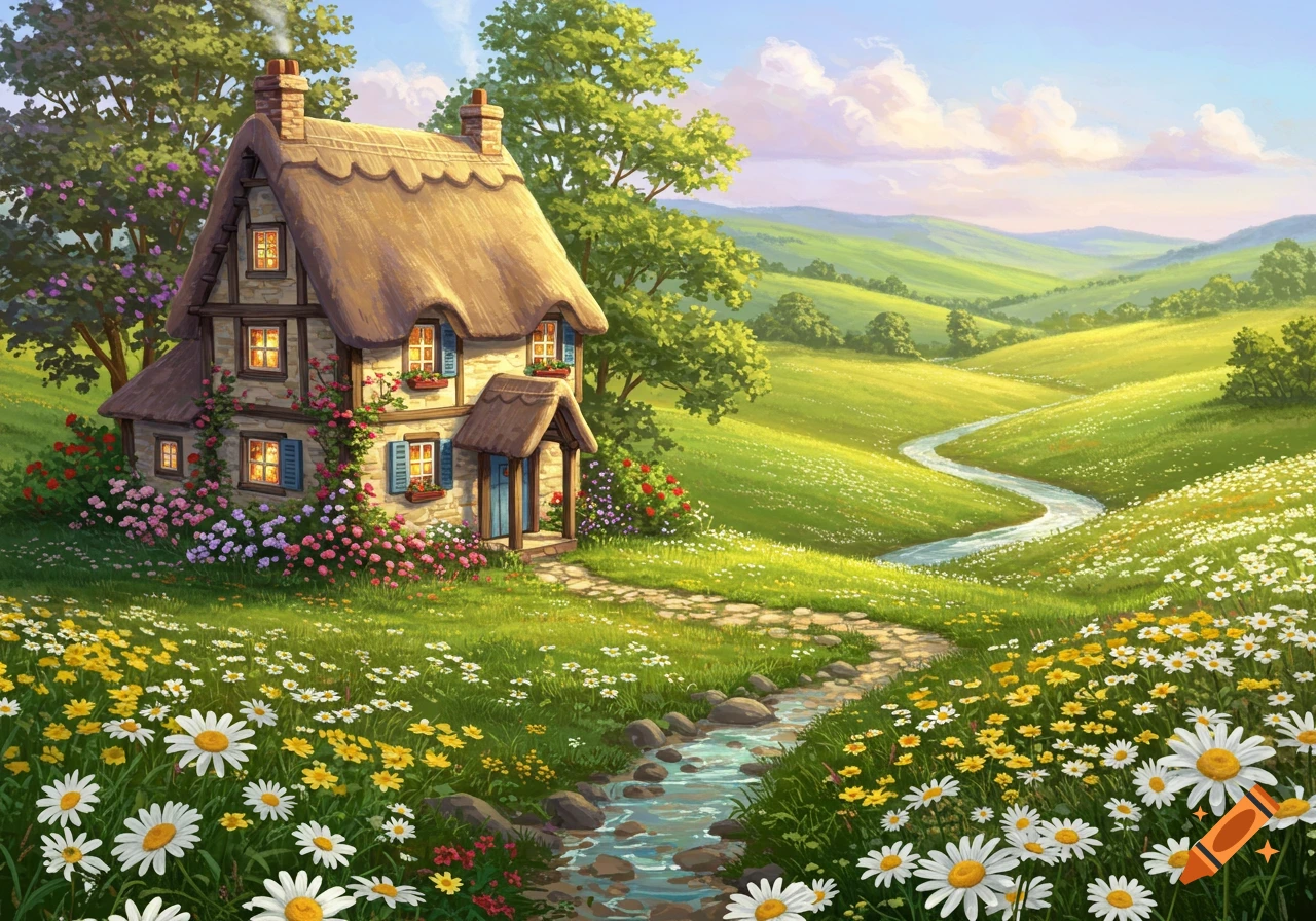 An illustration of a quaint cottage surrounded by flowers in a green valley with a stream.