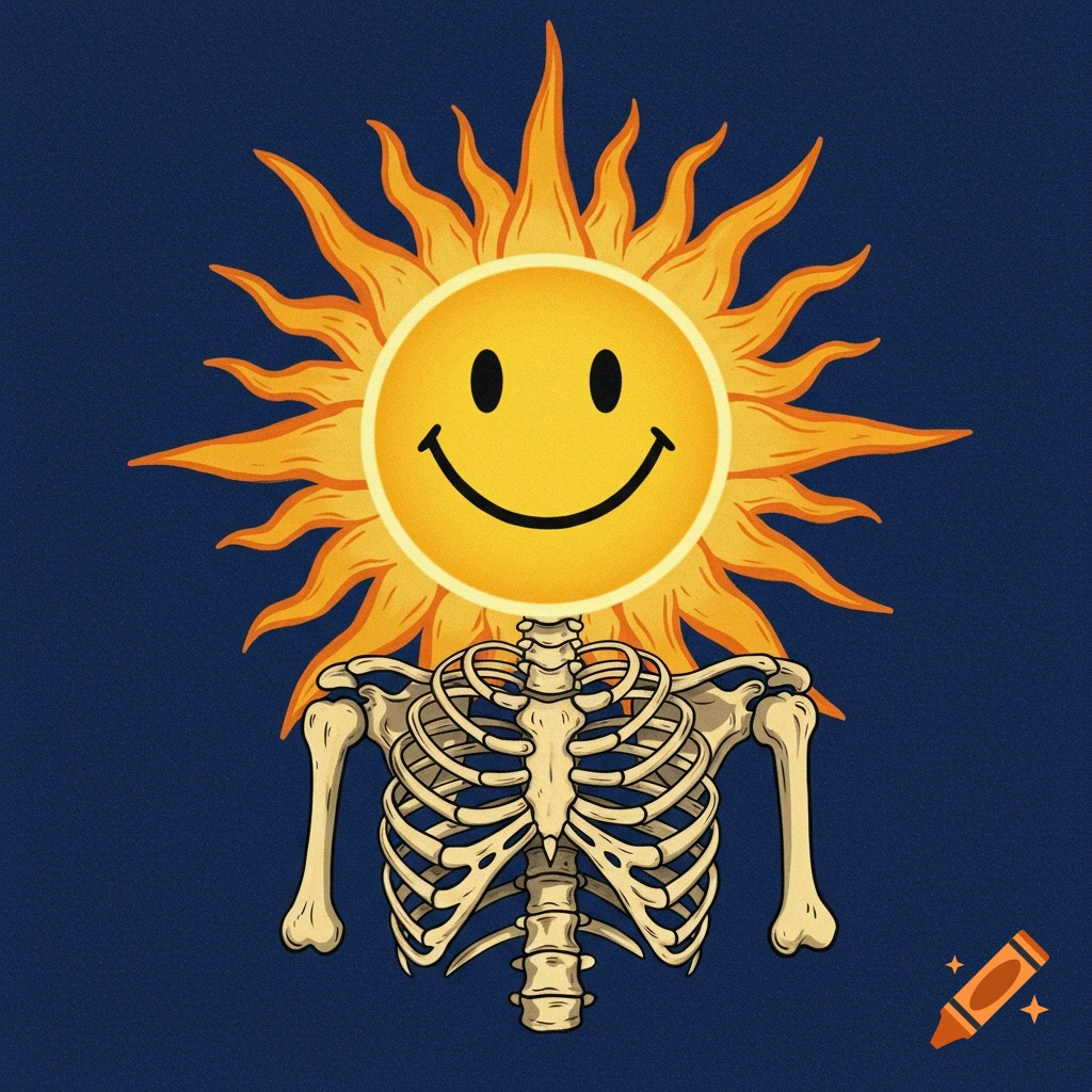 An illustration of a skeleton's torso with a smiling sun emoji as its head, against a dark blue background.