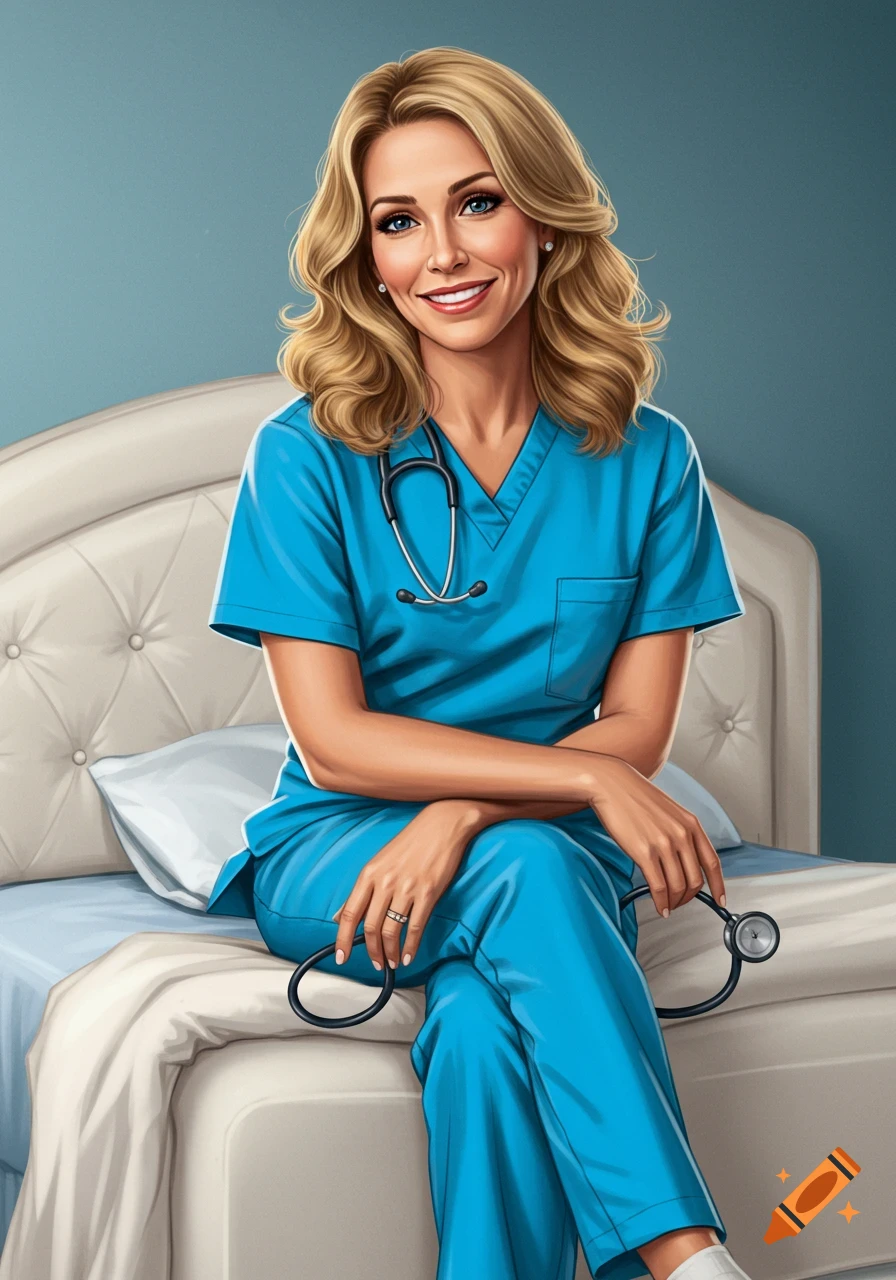 Digital painting of a smiling woman in blue medical scrubs sitting on a bed holding a stethoscope.