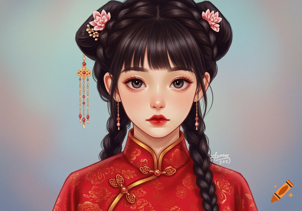 A close-up digital painting of a young woman with braided pigtails and flowers in her hair, wearing a red traditional Chinese dress.