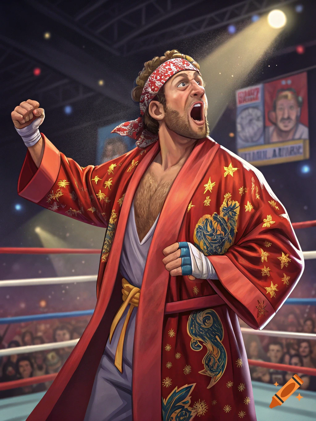 Boxing Robe Drawing Illustration of a triumphant boxer in a red robe celebrating in a ...