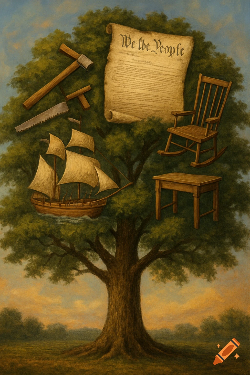 A painterly image of a large tree with objects symbolizing early America growing from its branches, including a scroll with 'We the People', a sailing ship, wooden tools, and furniture, set in a field at sunset.