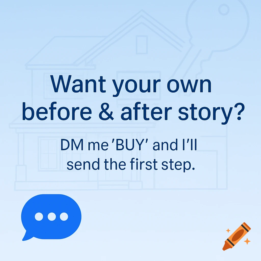 Graphic with text about real estate before/after stories and a DM call to action, featuring house/key graphics and a chat bubble.