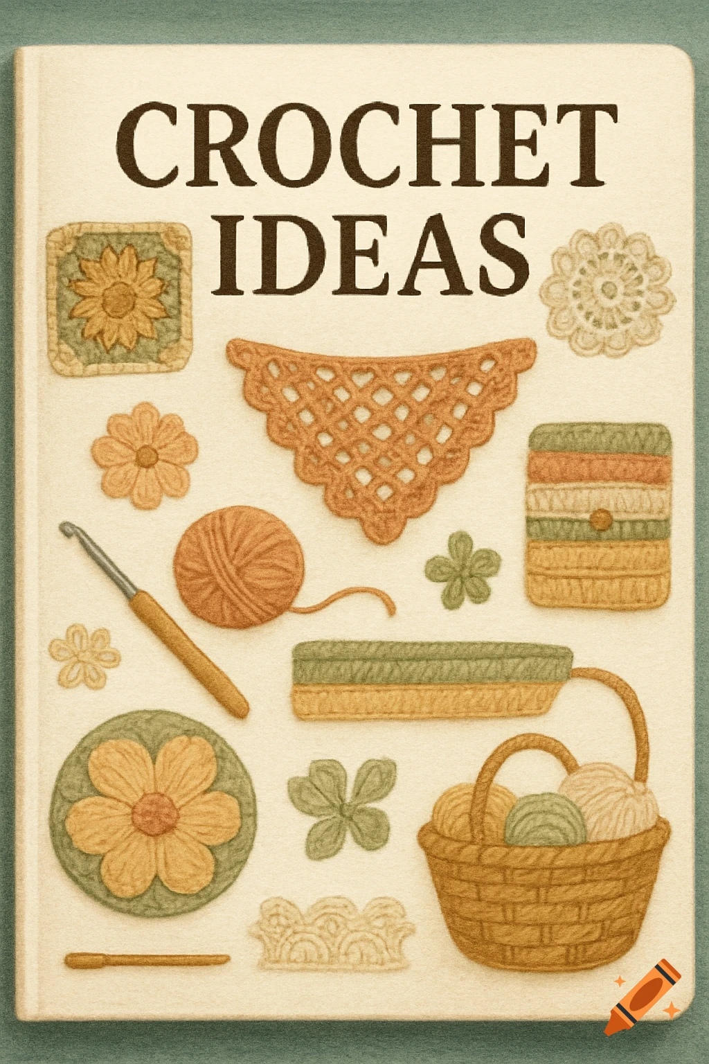 Book cover titled CROCHET IDEAS with illustrations of crochet hooks, yarn, and patterns in a muted color palette.