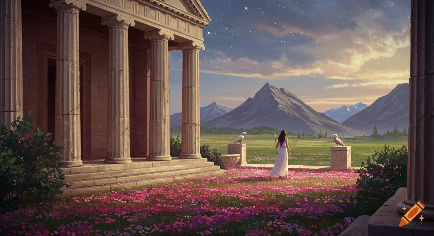 A woman in a white dress stands by a classical temple overlooking a mountain landscape and flower field.