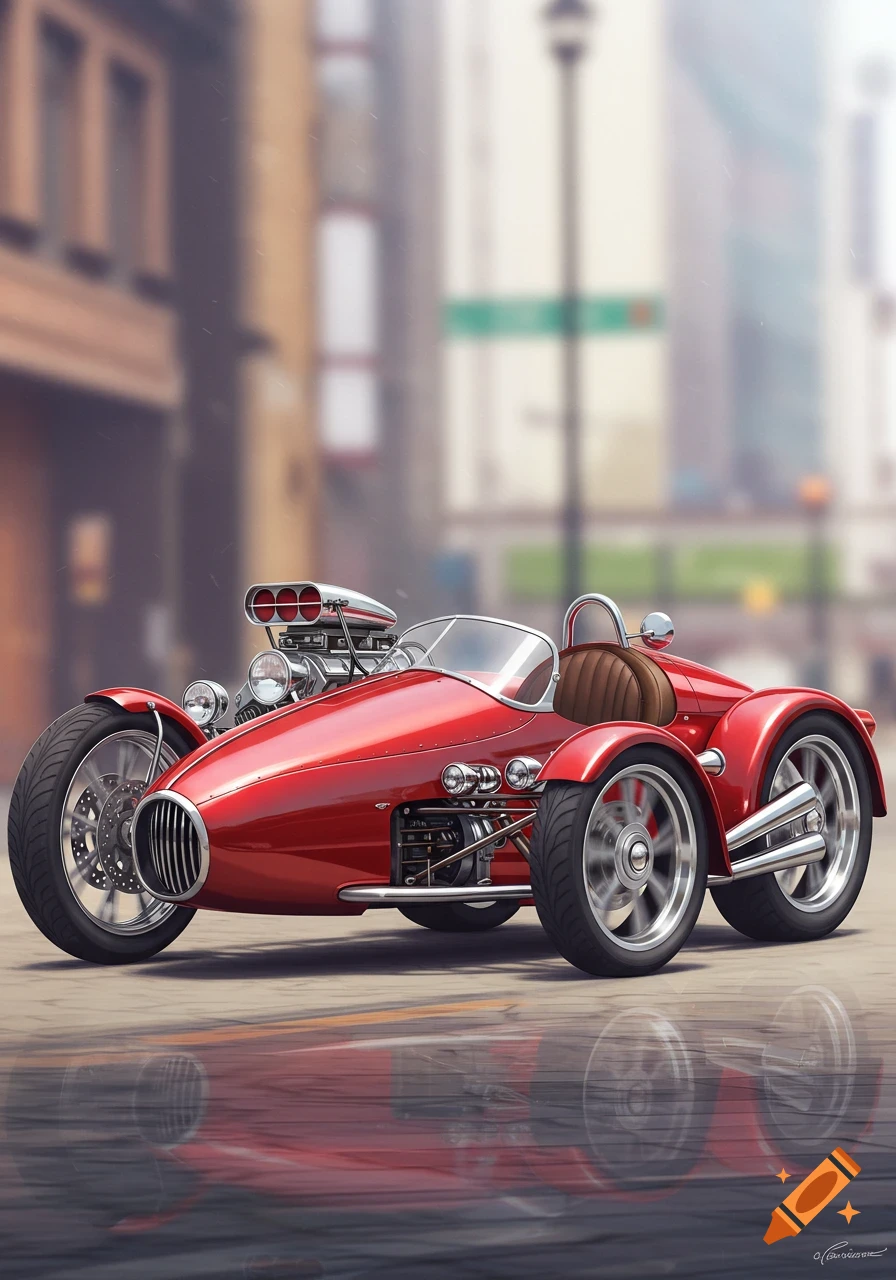 A red three-wheeled hot rod vehicle parked on a city street.