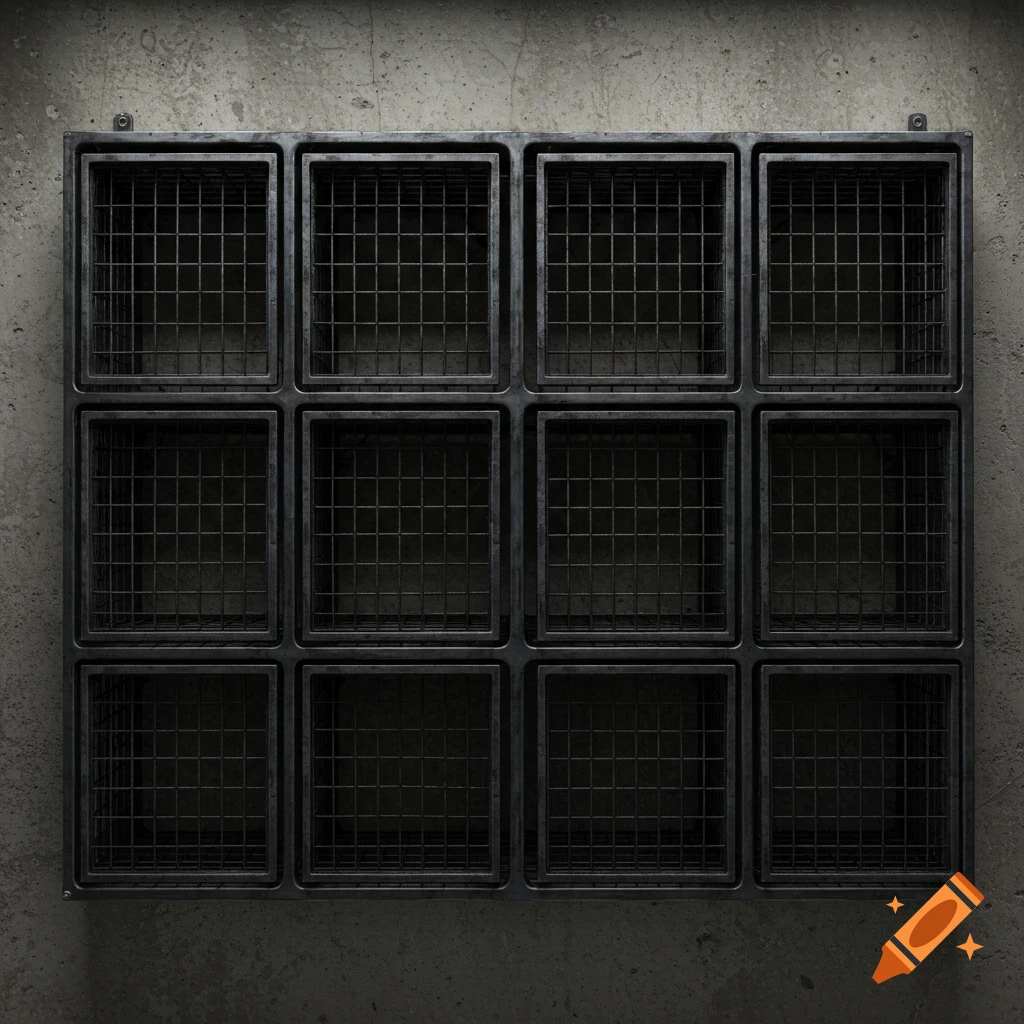 A metal wired storage rack mounted on a concrete wall.