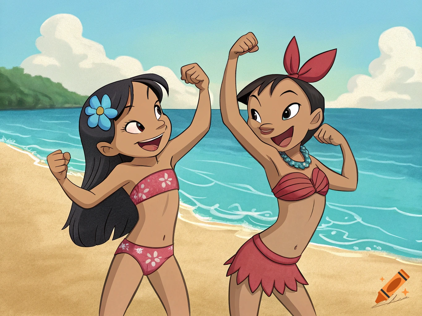 Lilo and Nani, characters from Disney's Lilo and Stitch, flex their arms while wearing bikinis on a beach in a cartoon style.