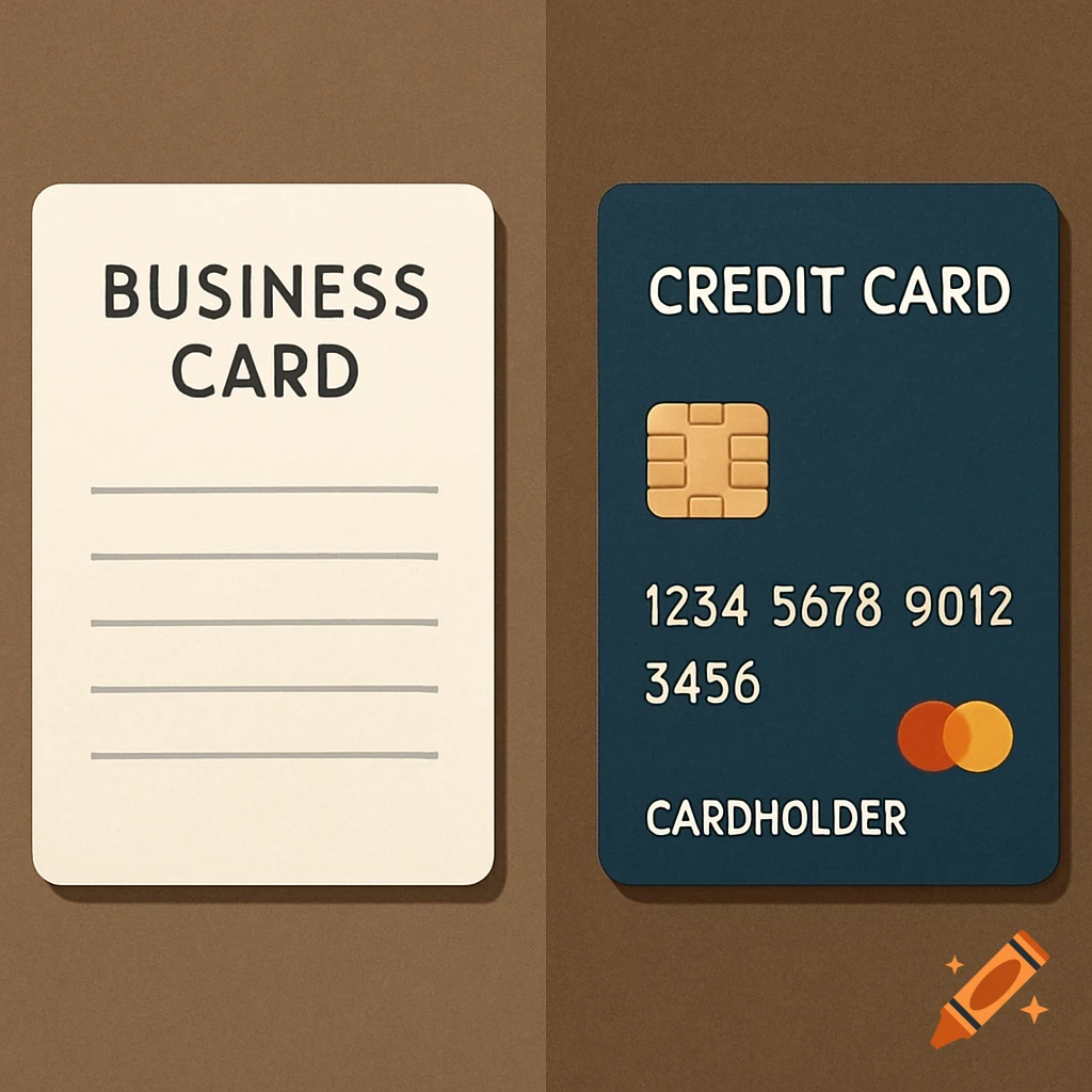 A white business card with lines next to a dark blue credit card with numbers and logos.