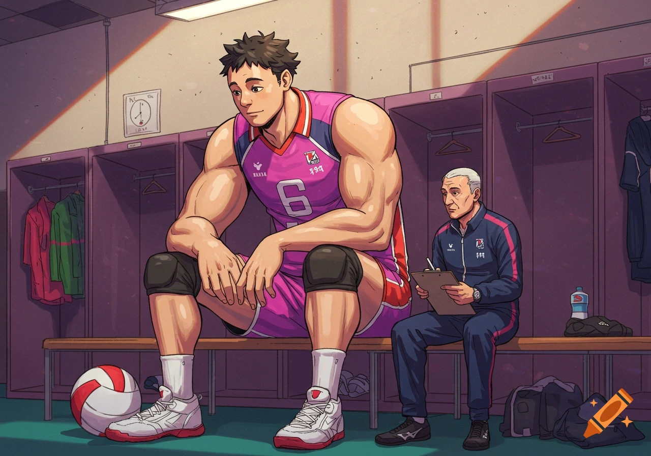 Anime style depiction of a giant volleyball player sitting next to his coach on a bench in a locker room.