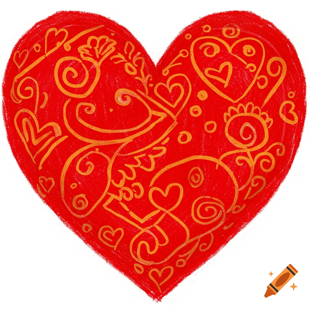 A red heart filled with gold patterns, drawn in a crayon style.