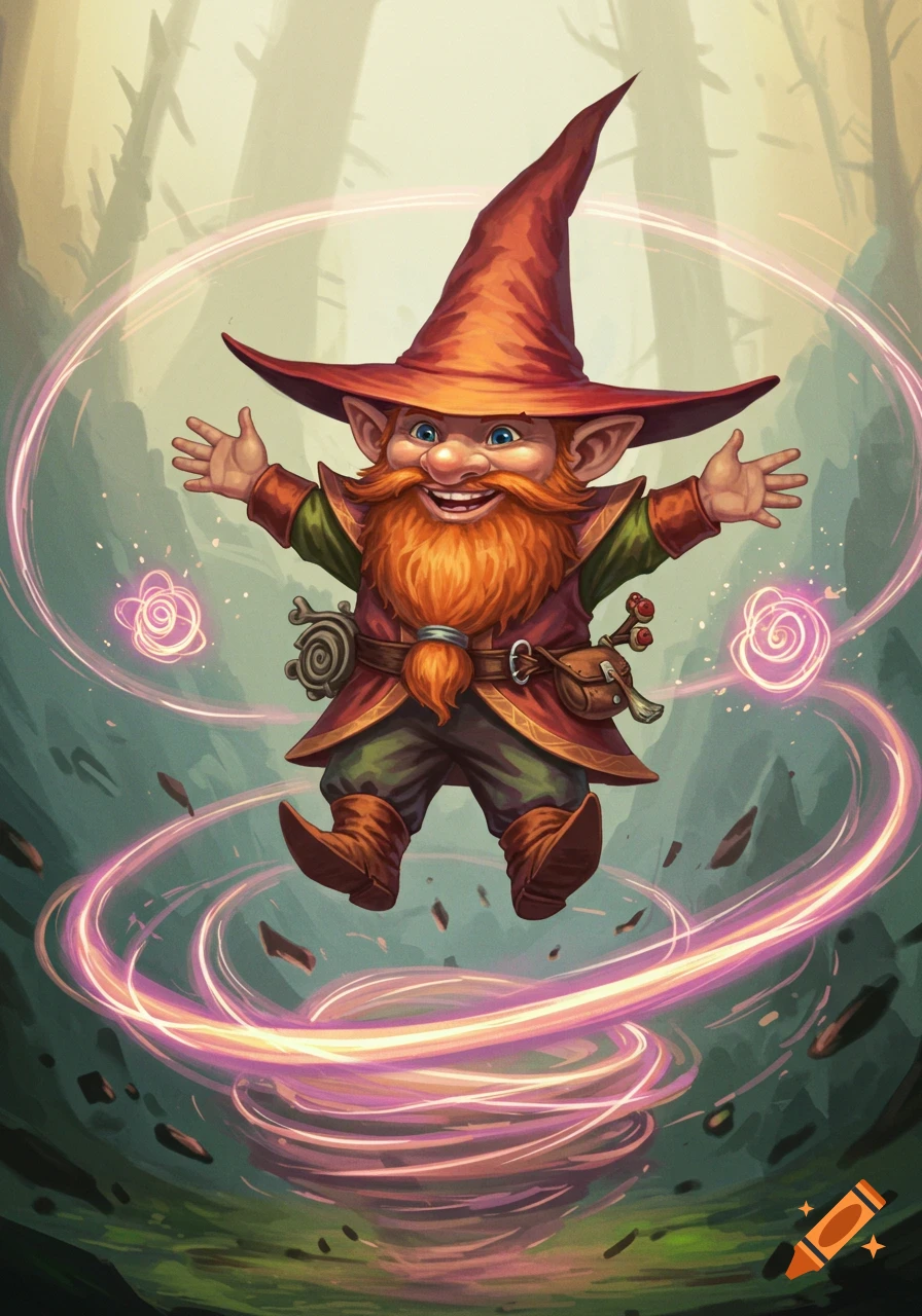 A happy levitating fantasy gnome wizard with a tall pointed hat and beard, casting a swirling magical spell.