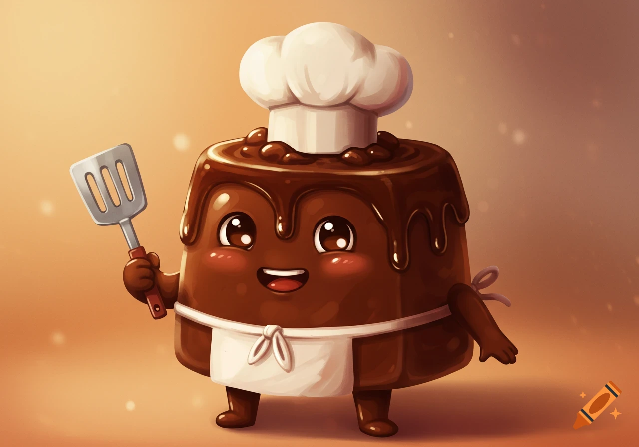 Cartoon fudge character dressed as a chef holding a spatula