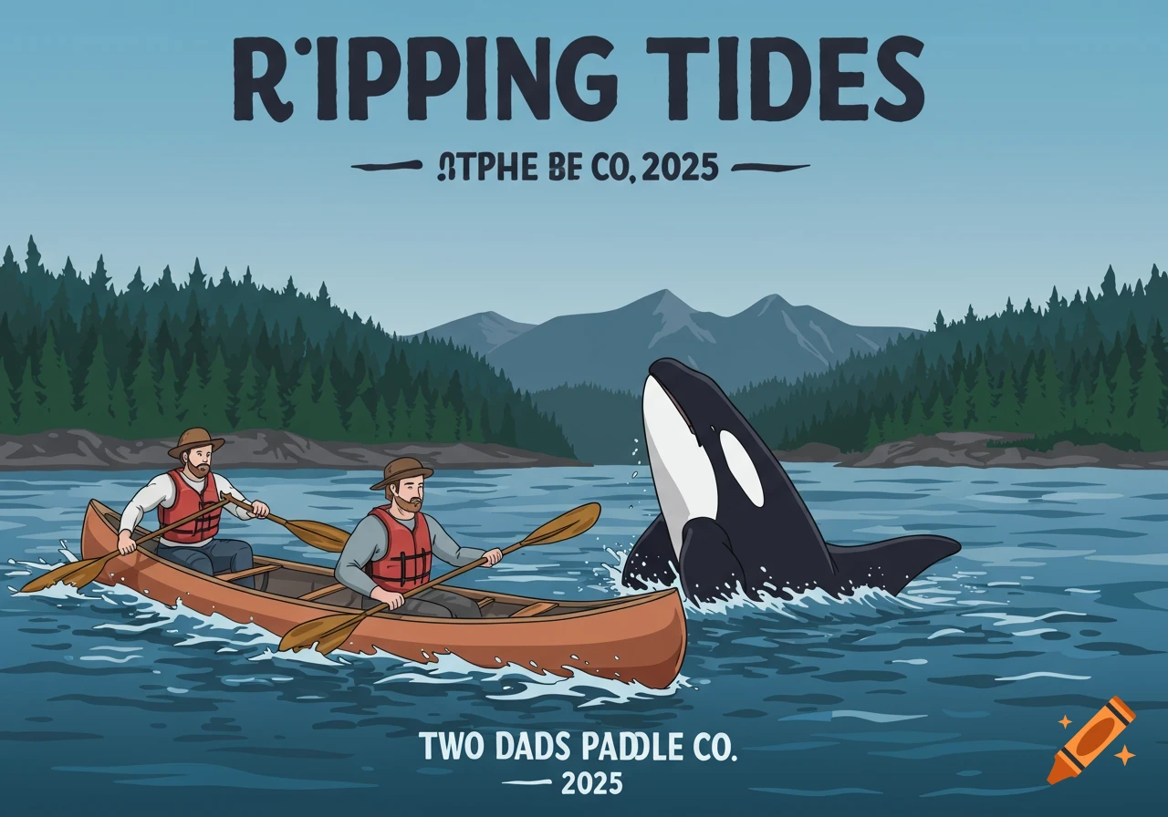 Cartoon illustration of two men in a canoe on a lake with an orca surfacing nearby.