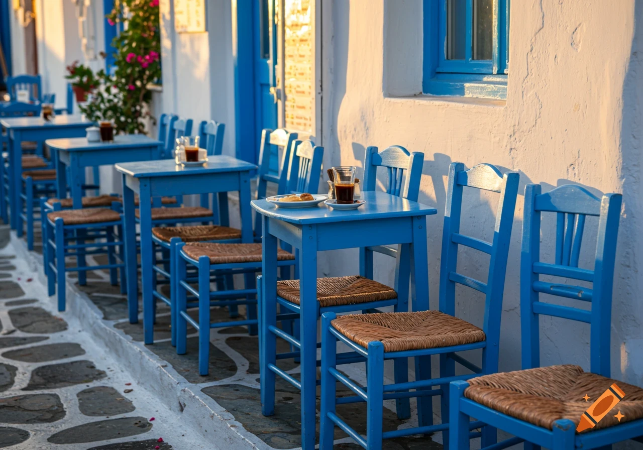 Blue tables and chairs outside a white cafe building in Greece