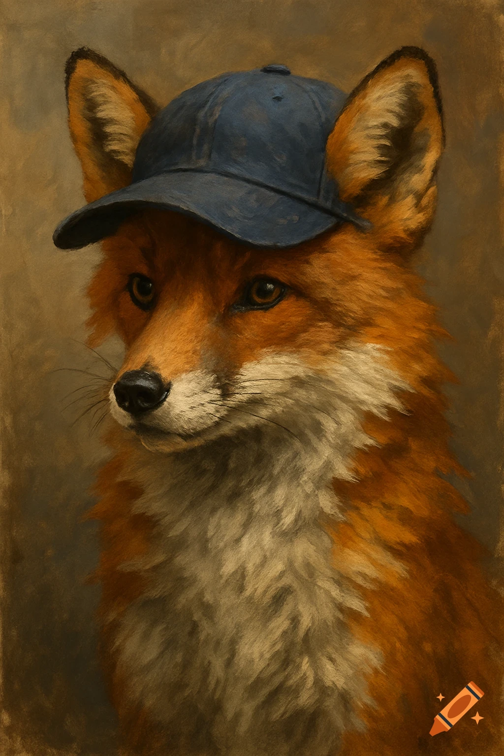 Portrait of a fox wearing a blue baseball cap, painted style.