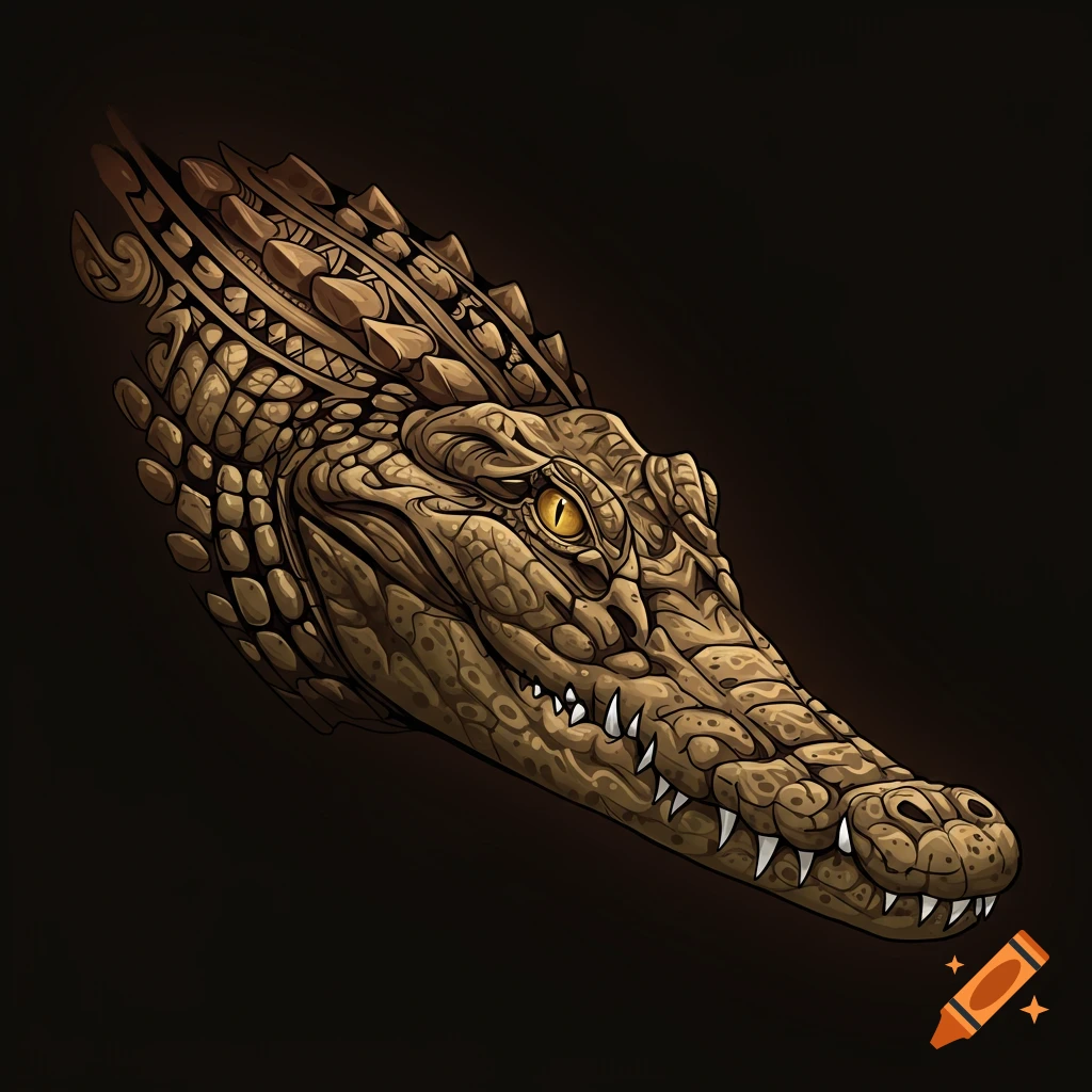 Stylized crocodile head with tribal tattoo patterns