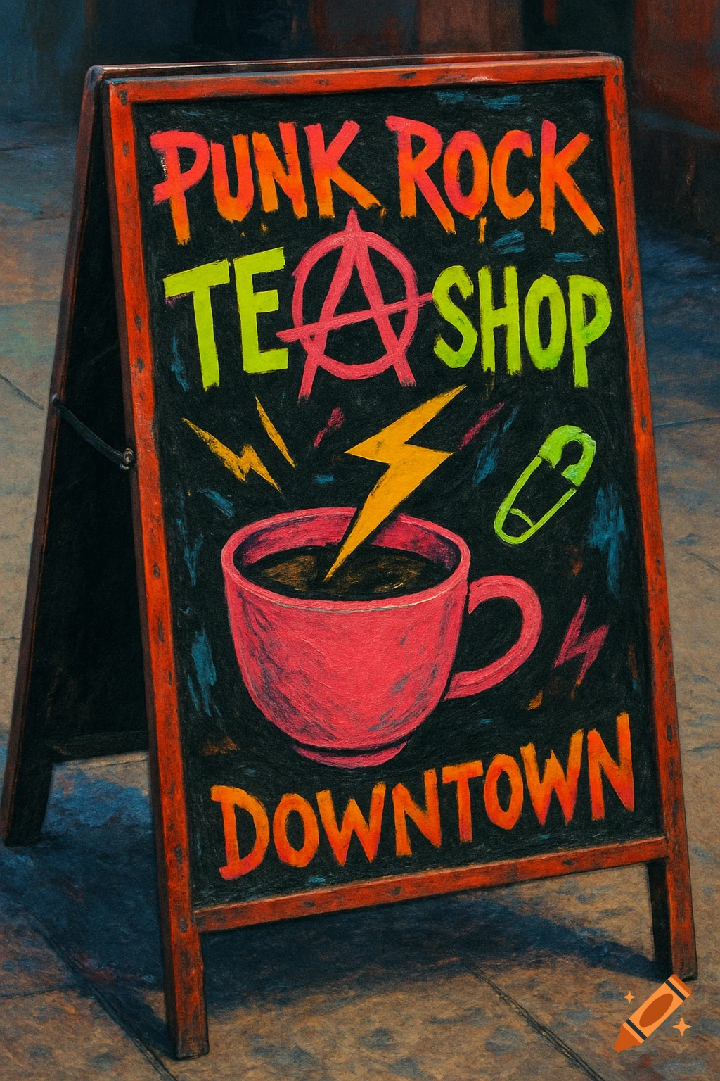 A chalkboard sign for a Punk Rock Tea Shop Downtown, with colorful text and symbols.