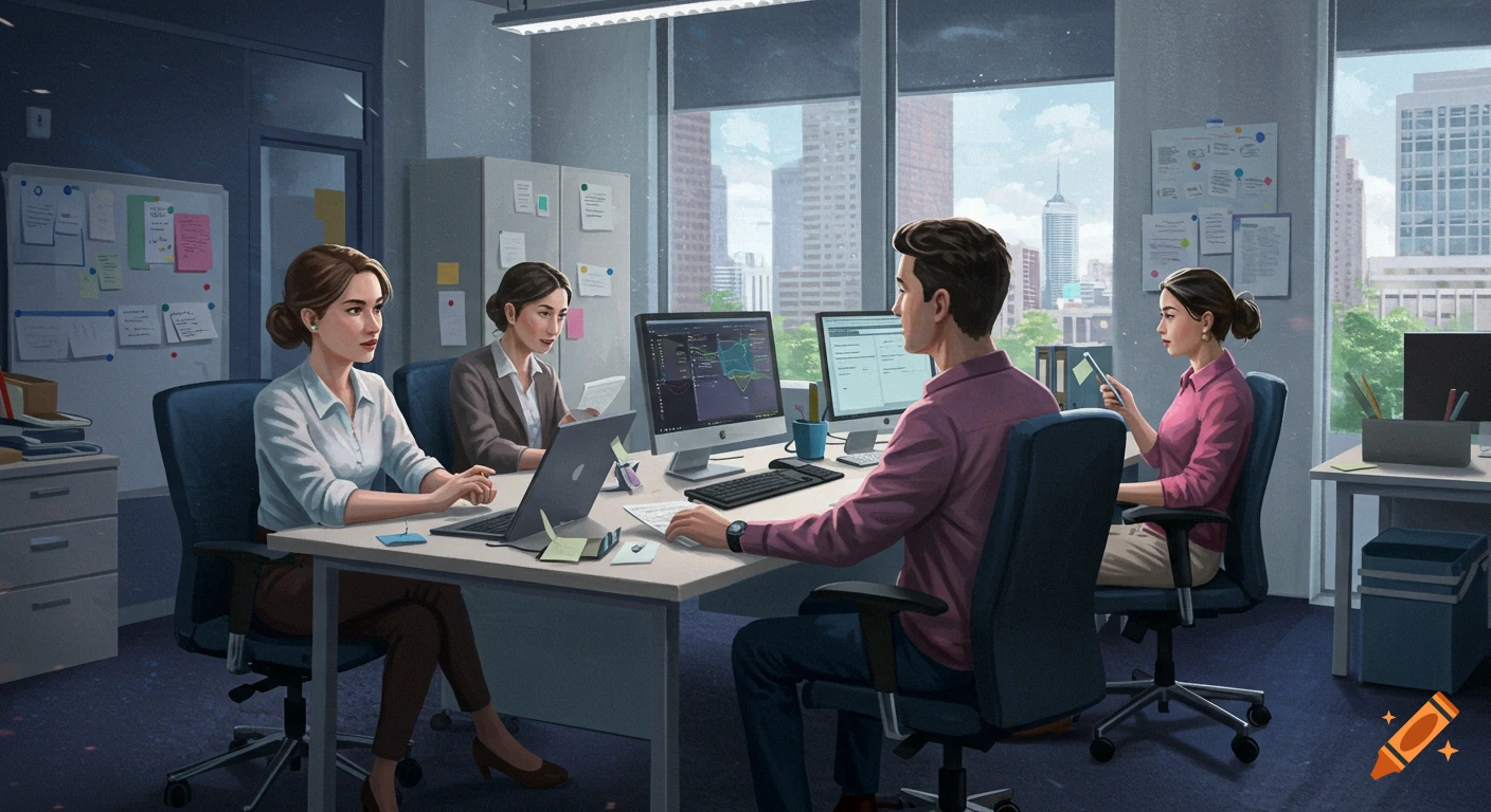 Digital painting of four people working at computers in a modern office with a city view.